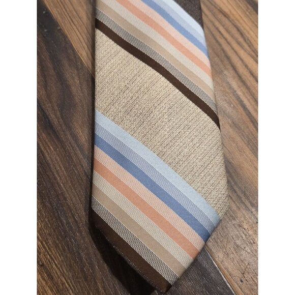 Vtg 70s Jean Claude Vidal Tie Brown Tan Blue Stripe Wide Blade Paris New York - Picture 5 of 8